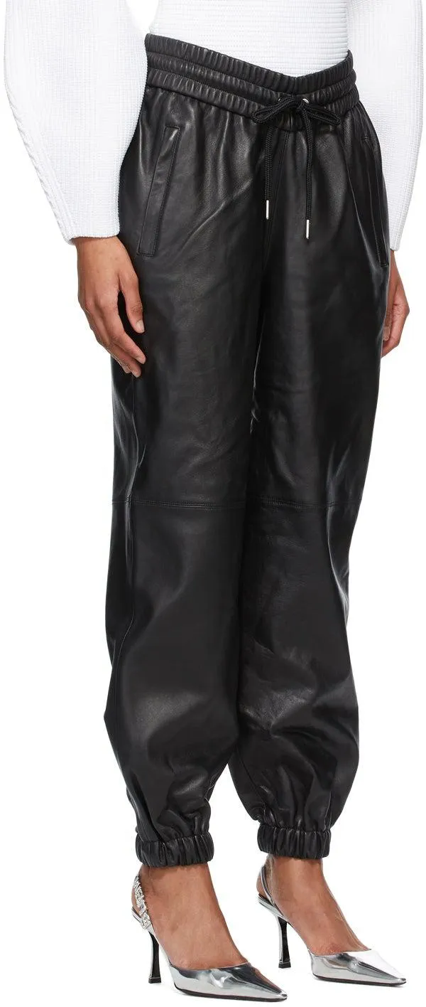 Alexander Wang Black Dipped Waist Jogger Leather Pants