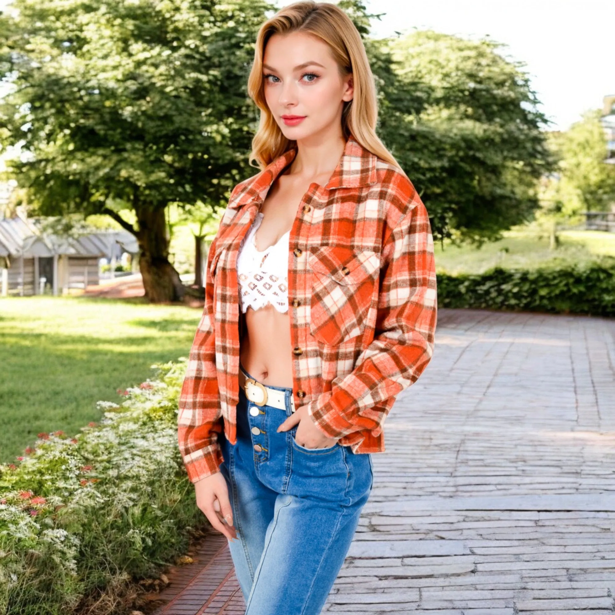Anna-Kaci Women's Button-Up Plaid Shirt with Chest Pockets and Long Sleeves