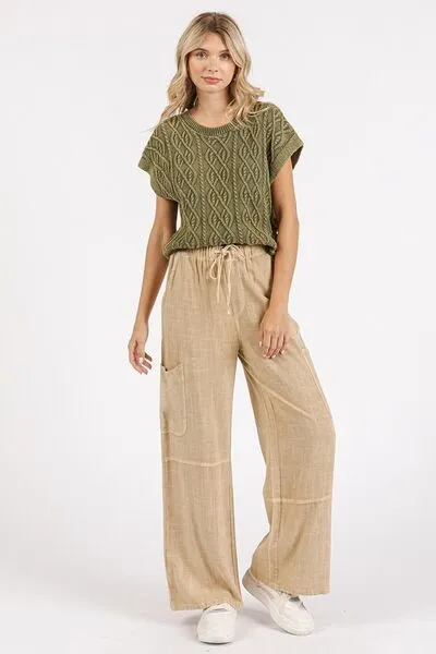Beige Linen Blend Wide Leg Drawstring Cargo Pants – Relaxed Fit