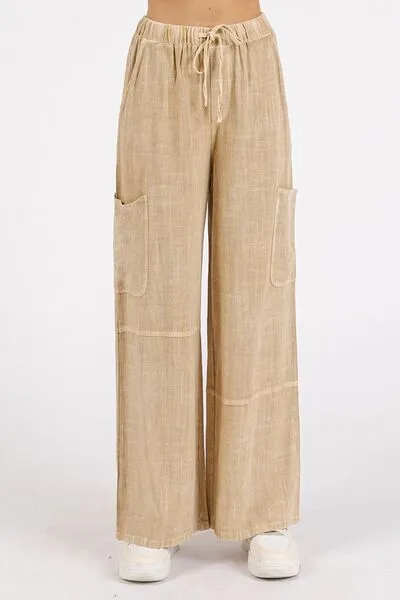 Beige Linen Blend Wide Leg Drawstring Cargo Pants – Relaxed Fit
