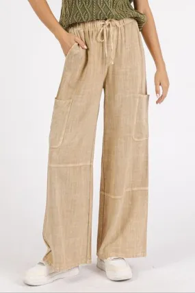 Beige Linen Blend Wide Leg Drawstring Cargo Pants – Relaxed Fit