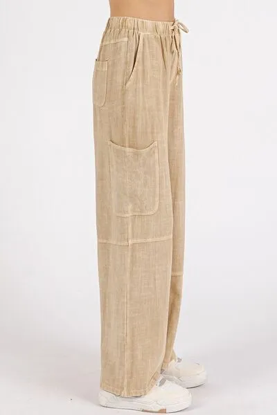 Beige Linen Blend Wide Leg Drawstring Cargo Pants – Relaxed Fit