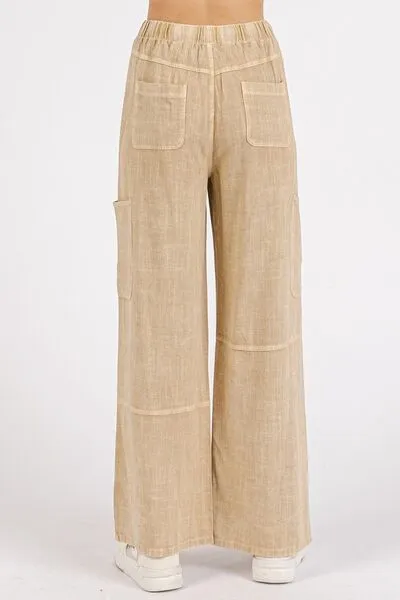 Beige Linen Blend Wide Leg Drawstring Cargo Pants – Relaxed Fit
