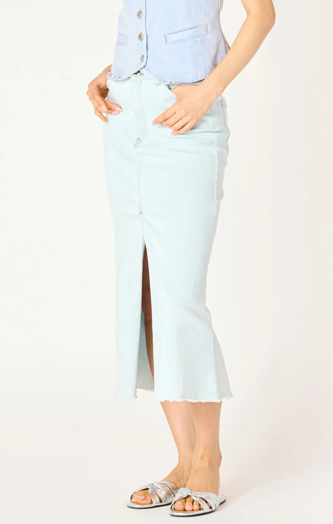 Bleached Denim Midi Skirt
