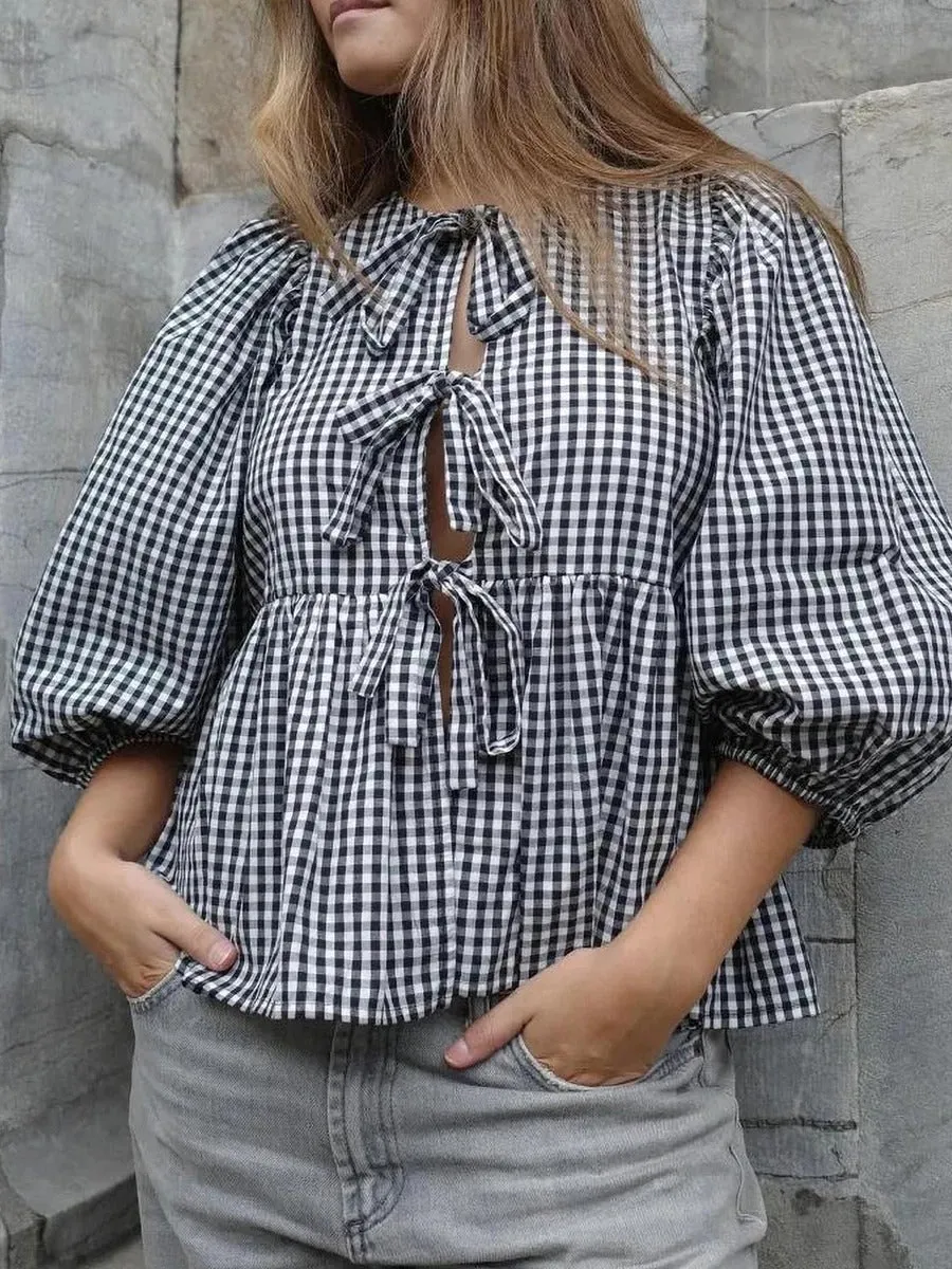 Clarissa - Stylish Printed Plaid Tie Shirt for Women