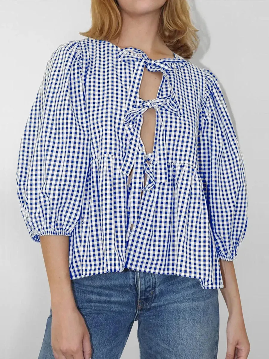 Clarissa - Stylish Printed Plaid Tie Shirt for Women