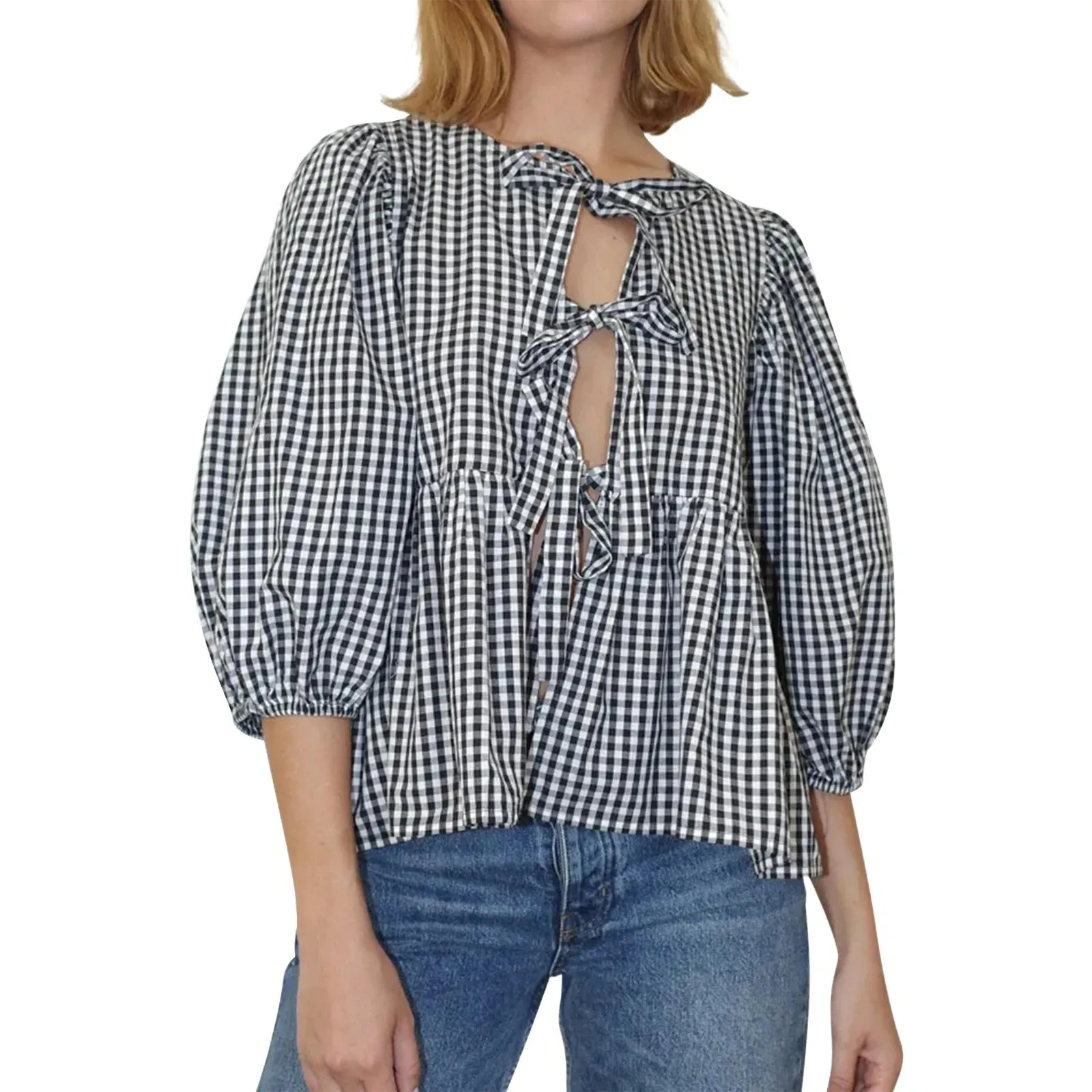 Clarissa - Stylish Printed Plaid Tie Shirt for Women
