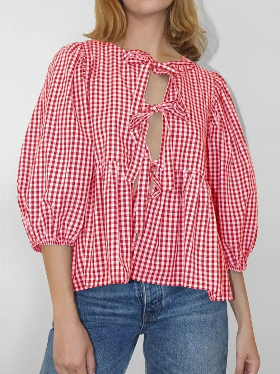 Clarissa - Stylish Printed Plaid Tie Shirt for Women