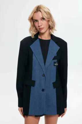 DENIM DETAILED BLAZER JACKET - BLACK