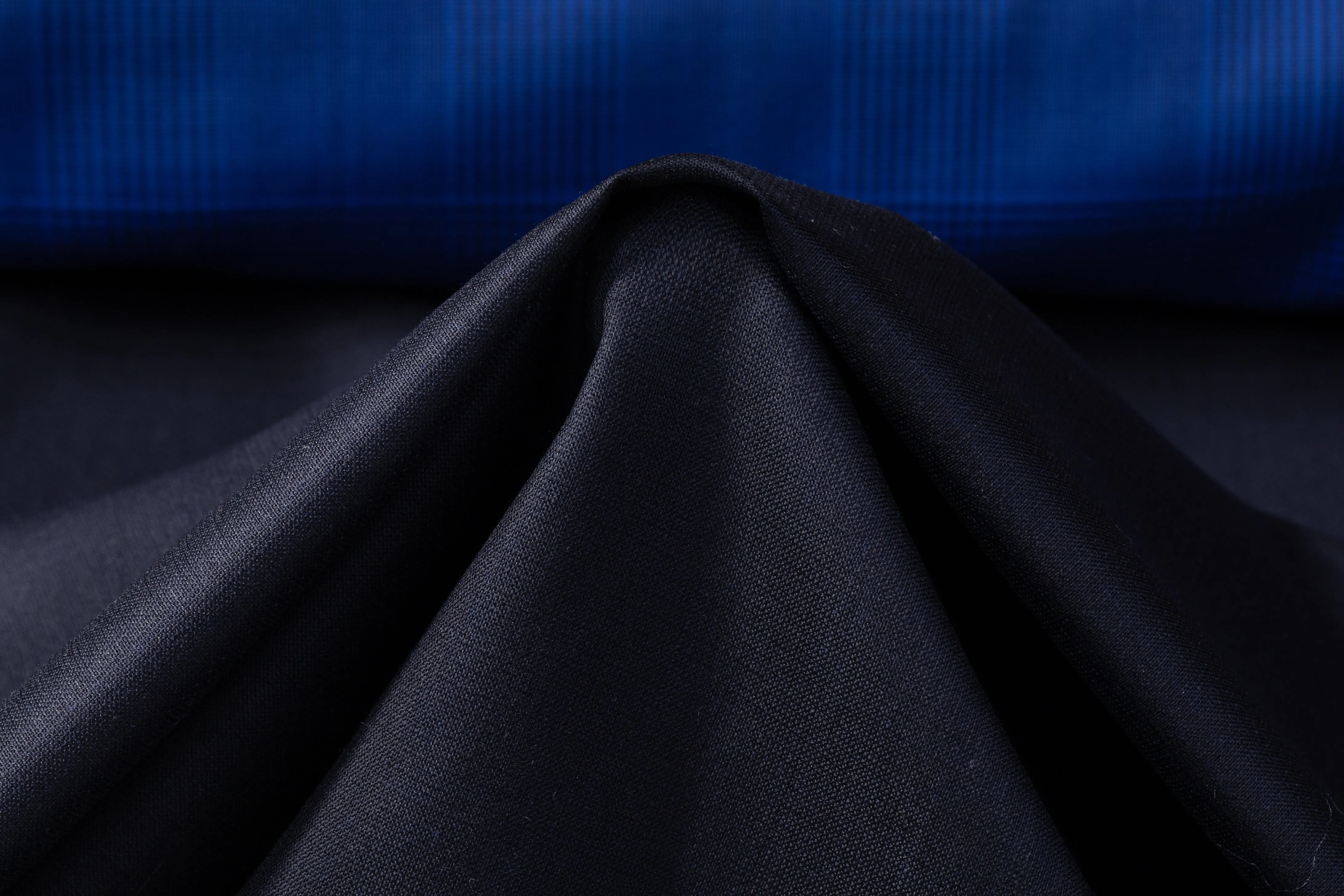 Double Faced Plaid Wool and Silk Suiting - Blue / Black