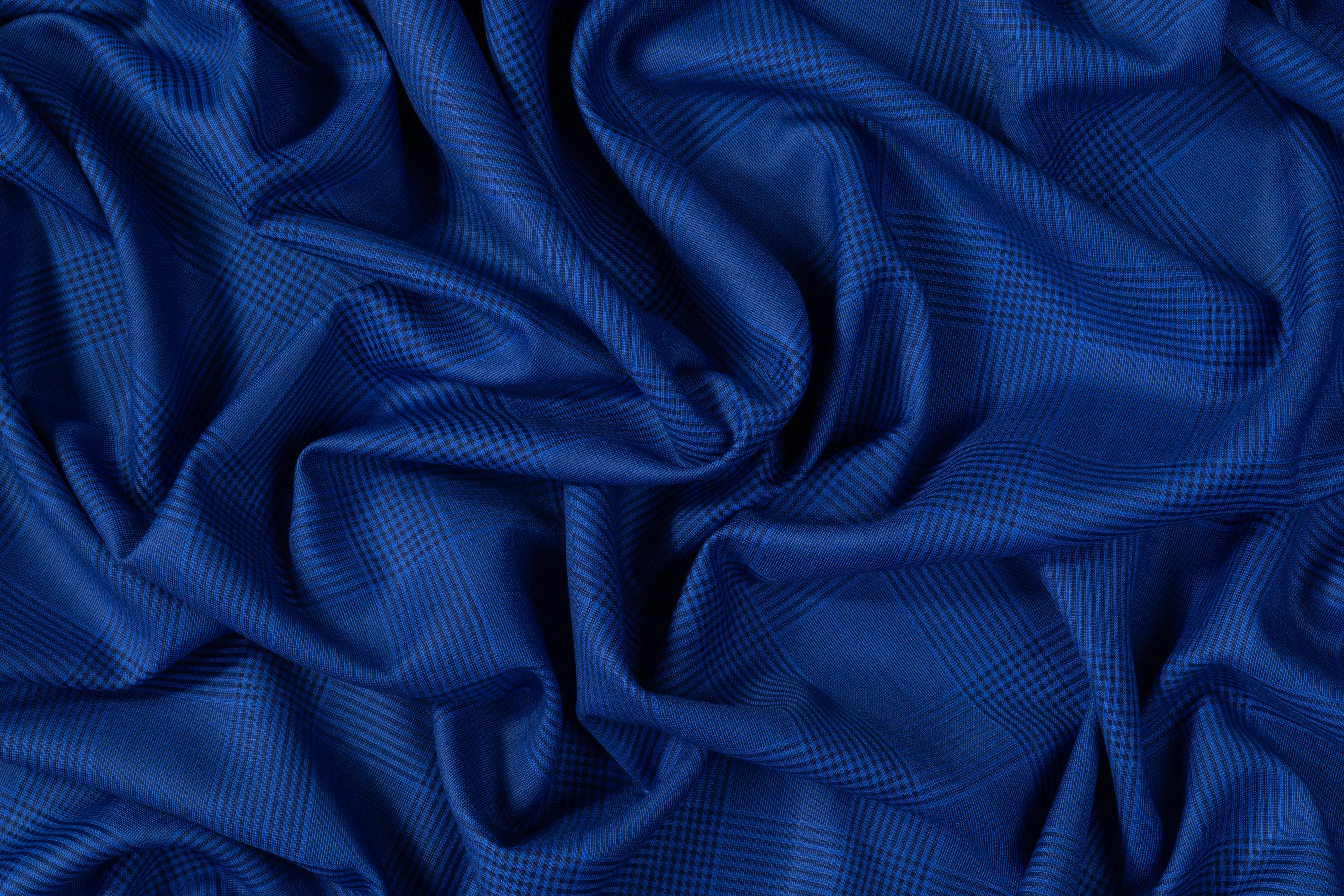 Double Faced Plaid Wool and Silk Suiting - Blue / Black