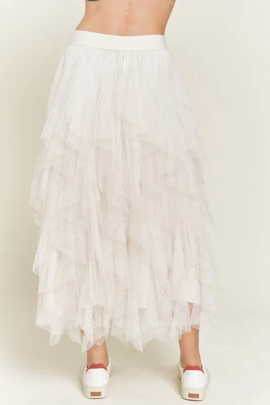Elegant Layered Polka Dot Mesh A-Line Elastic Waist Midi Skirt