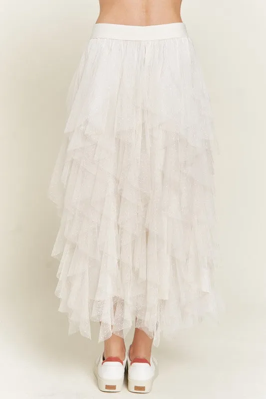 Elegant Layered Polka Dot Mesh A-Line Elastic Waist Midi Skirt