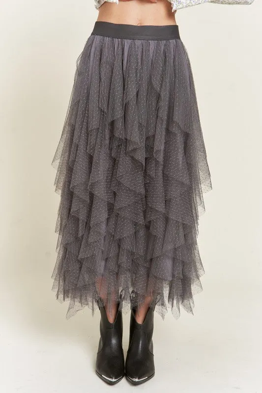Elegant Layered Polka Dot Mesh A-Line Elastic Waist Midi Skirt