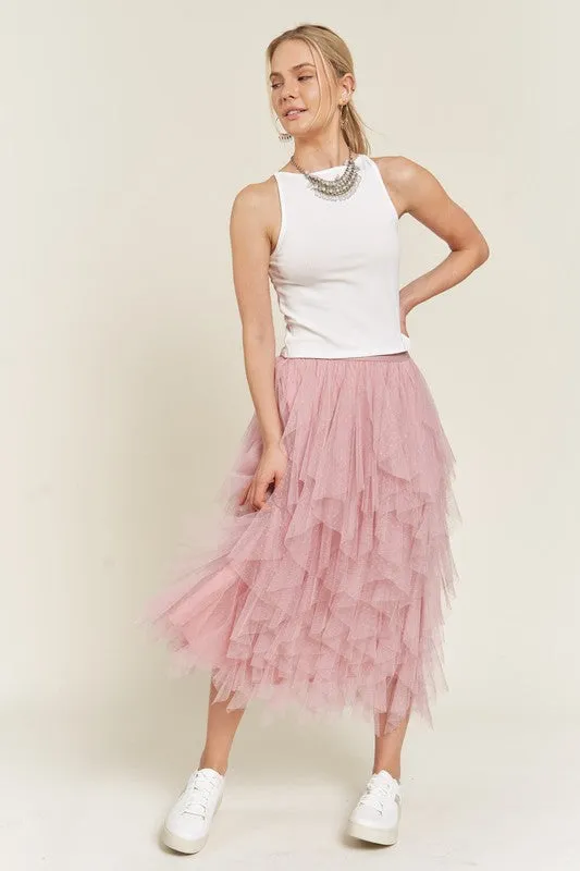 Elegant Layered Polka Dot Mesh A-Line Elastic Waist Midi Skirt
