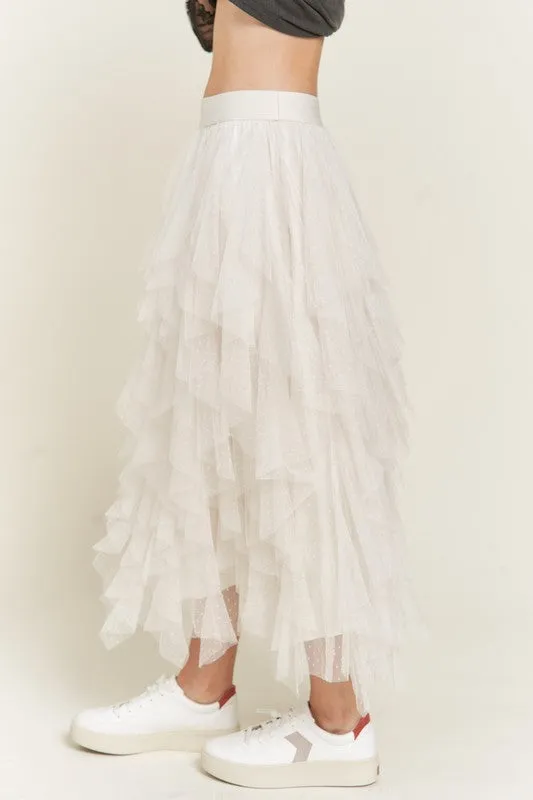 Elegant Layered Polka Dot Mesh A-Line Elastic Waist Midi Skirt