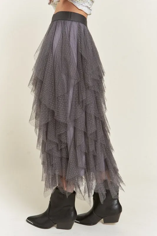 Elegant Layered Polka Dot Mesh A-Line Elastic Waist Midi Skirt