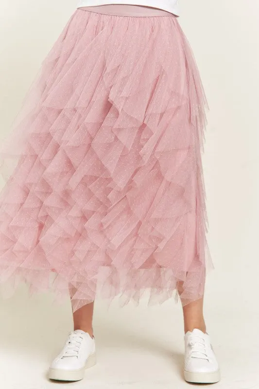 Elegant Layered Polka Dot Mesh A-Line Elastic Waist Midi Skirt