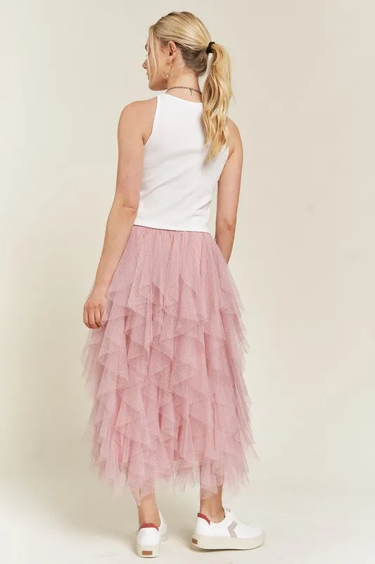 Elegant Layered Polka Dot Mesh A-Line Elastic Waist Midi Skirt