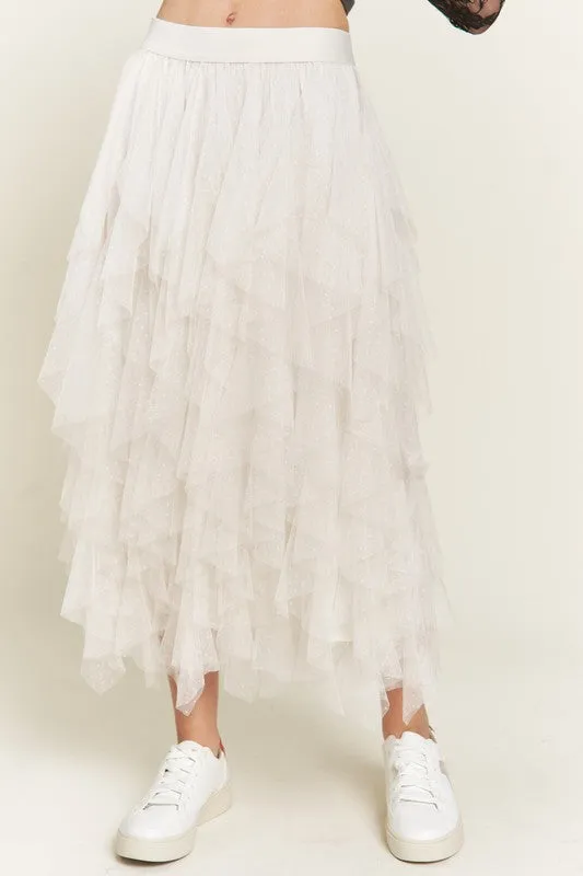 Elegant Layered Polka Dot Mesh A-Line Elastic Waist Midi Skirt