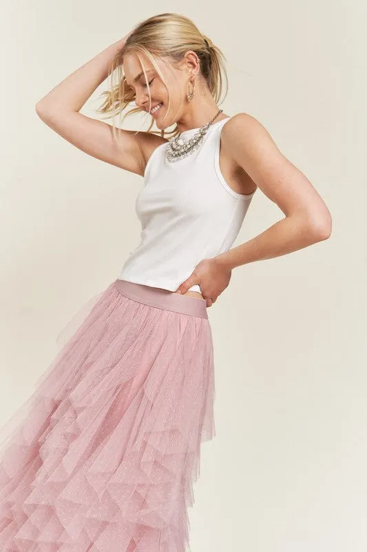 Elegant Layered Polka Dot Mesh A-Line Elastic Waist Midi Skirt