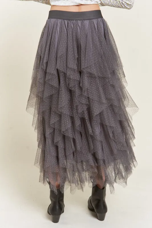 Elegant Layered Polka Dot Mesh A-Line Elastic Waist Midi Skirt