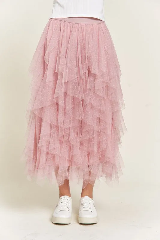 Elegant Layered Polka Dot Mesh A-Line Elastic Waist Midi Skirt