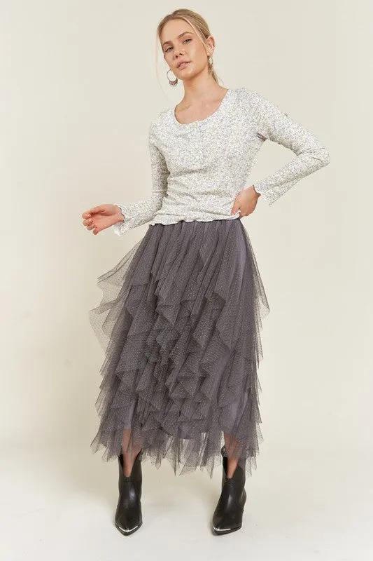 Elegant Layered Polka Dot Mesh A-Line Elastic Waist Midi Skirt