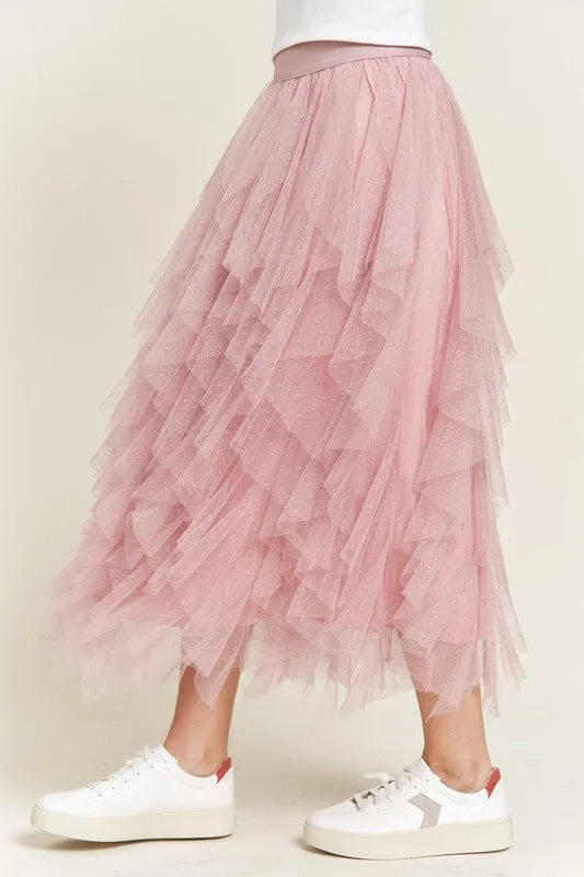 Elegant Layered Polka Dot Mesh A-Line Elastic Waist Midi Skirt