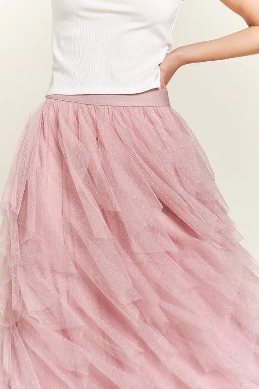 Elegant Layered Polka Dot Mesh A-Line Elastic Waist Midi Skirt