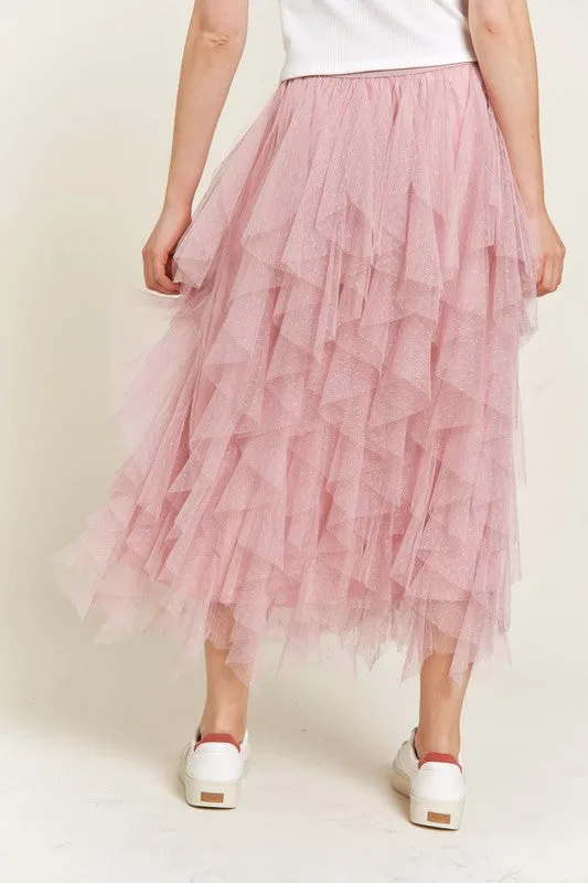 Elegant Layered Polka Dot Mesh A-Line Elastic Waist Midi Skirt