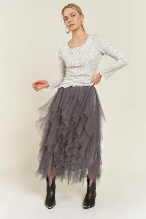 Elegant Layered Polka Dot Mesh A-Line Elastic Waist Midi Skirt