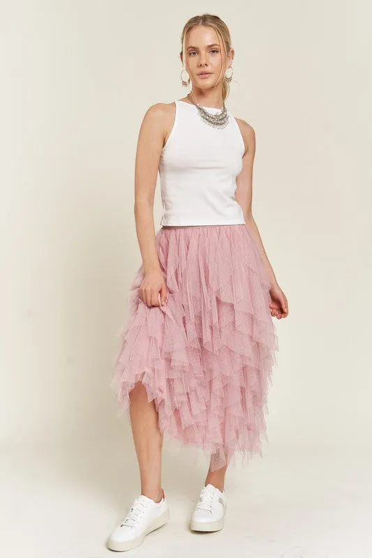 Elegant Layered Polka Dot Mesh A-Line Elastic Waist Midi Skirt