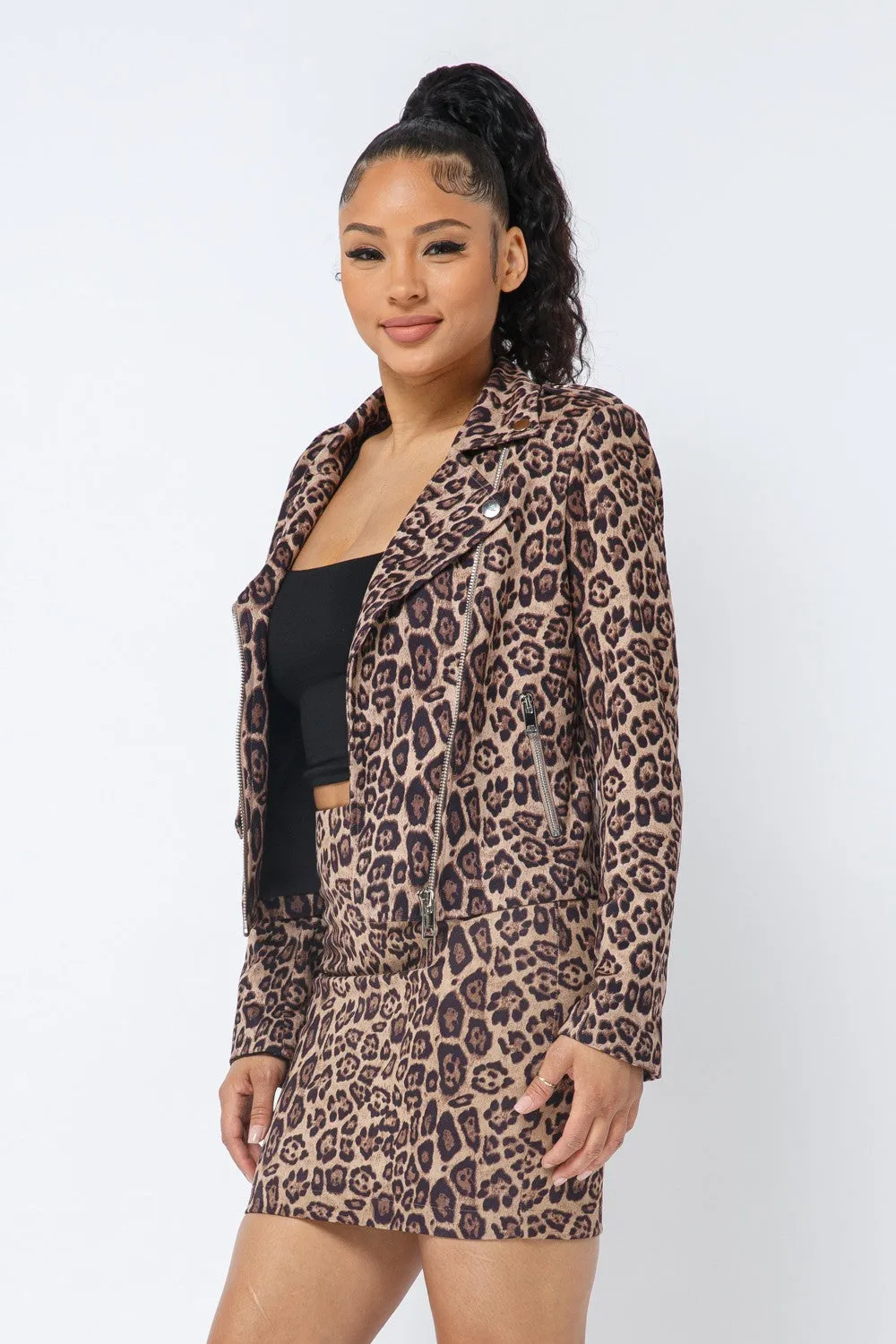 Leopard Print Suede Like Zip Up Jacket