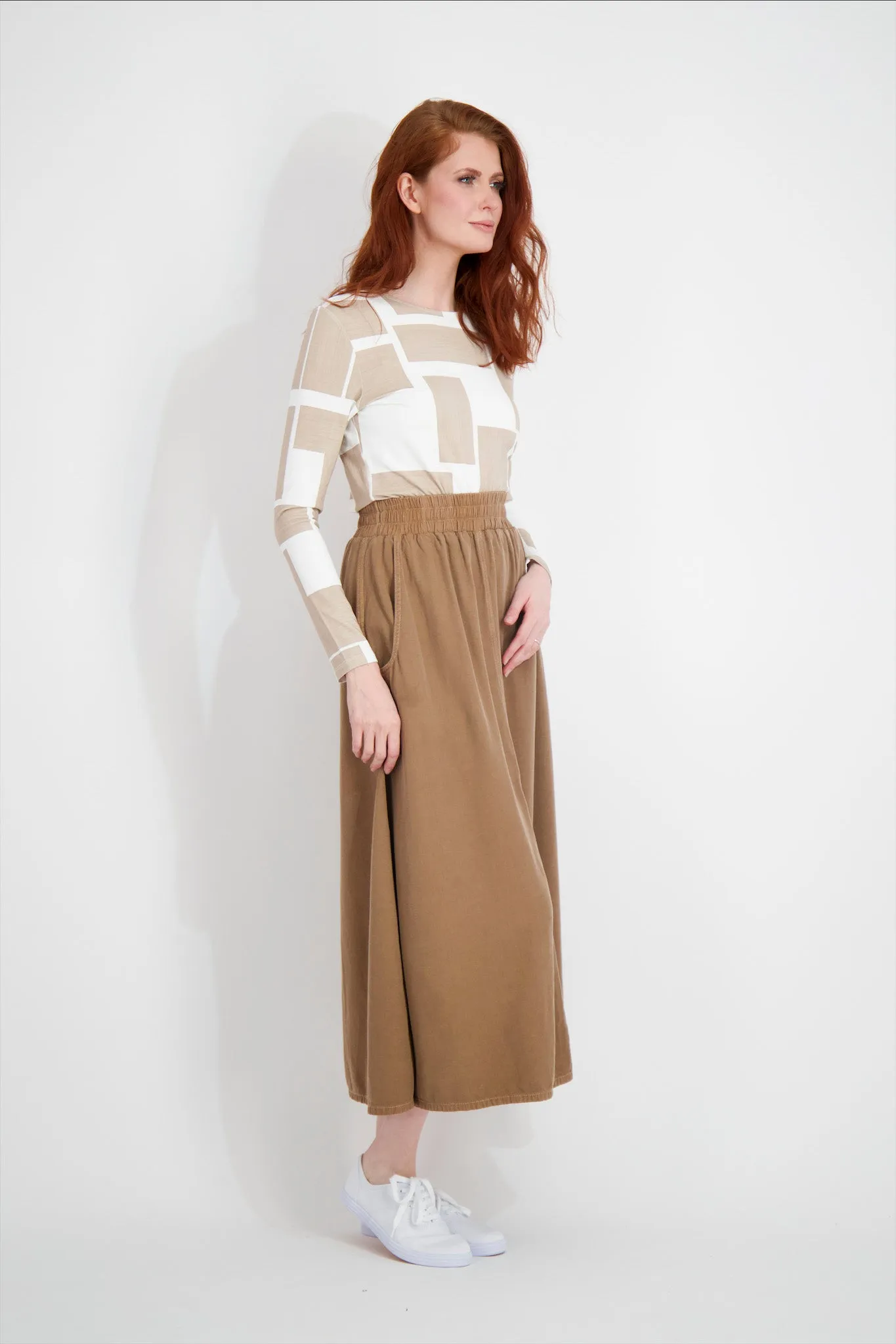 LYOCELL STITCH SKIRT-TAN