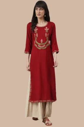 Maroon Embroidery Kurta Sharara Set
