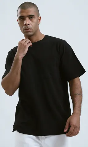 O191373 - Relaxed Fit Elbow Sleeves Black Casual Tee With Pocket