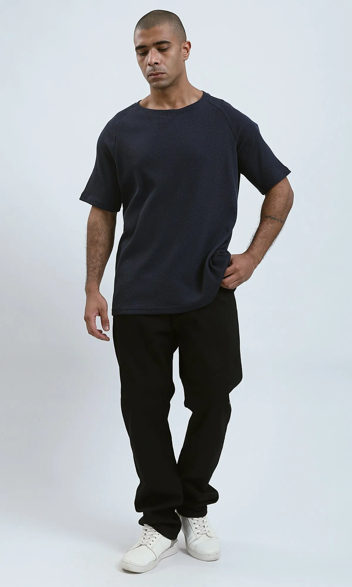 O192083 - Relaxed Fit Elbow Sleeves Dark Navy Casual Tee