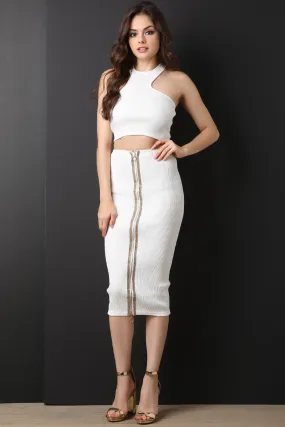 Ribbed Knit Crop Top With Rhinestone Midi Skirt Set