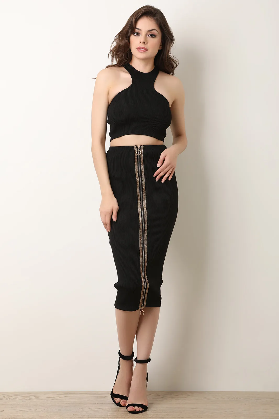 Ribbed Knit Crop Top With Rhinestone Midi Skirt Set