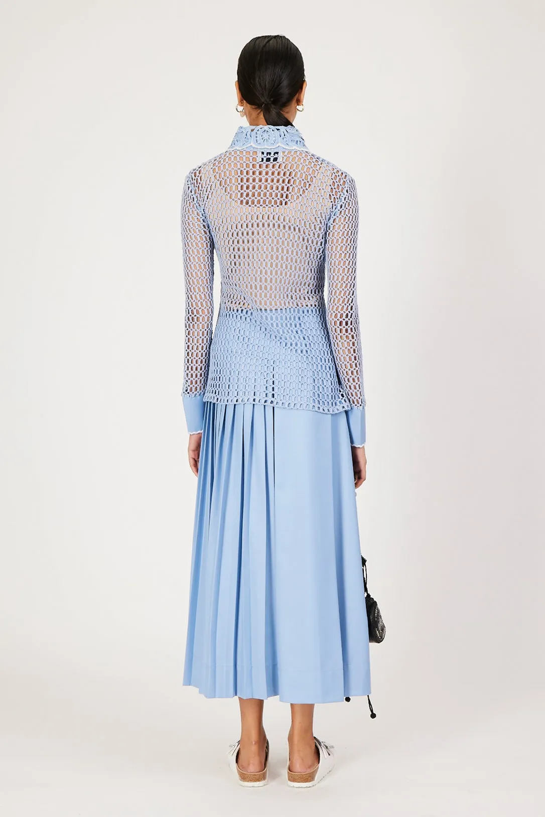 serenity blue hand-pleated midi skirt