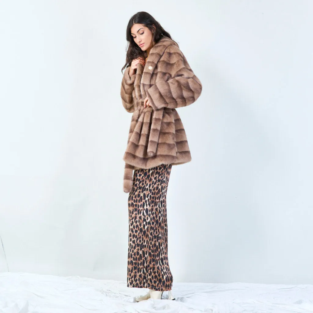 Striped faux fur coat with embellished brooch wholesale