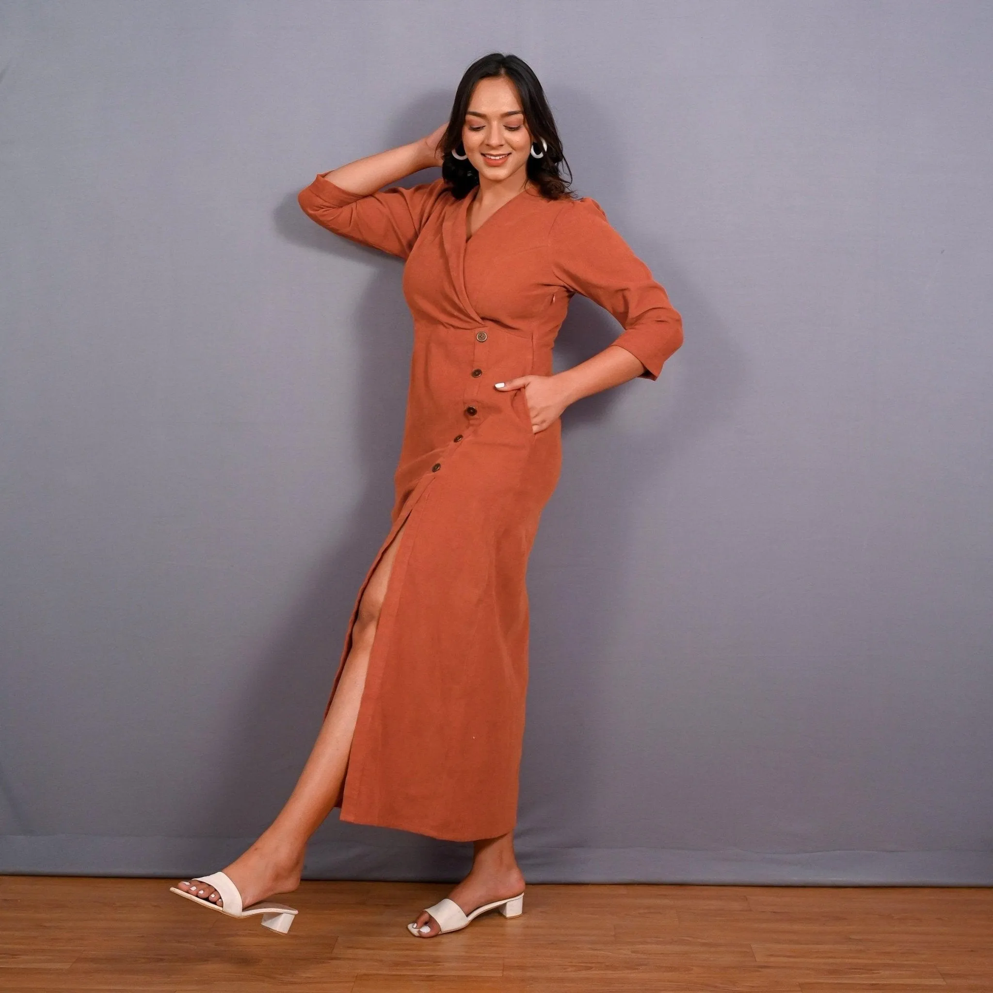 Sunset Rust Warm Cotton Corduroy Front Slit Maxi Dress